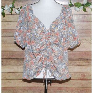 Lily White Floral Crop Top Size 3X Short Puff Sleeves Ruched Bodice Cottagecore